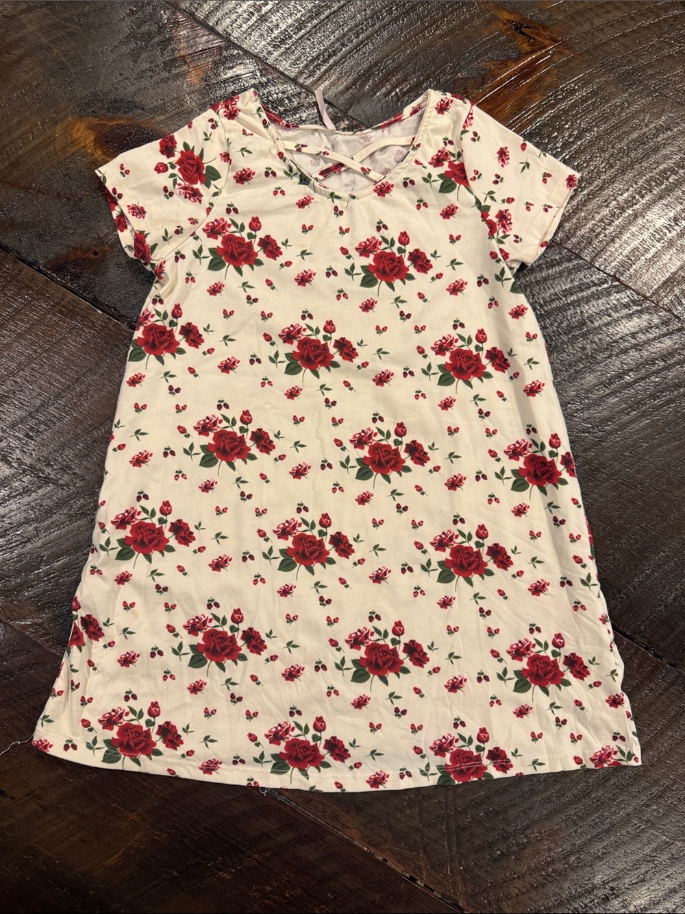 Girls' Cream Floral Dress with Red Rose Print